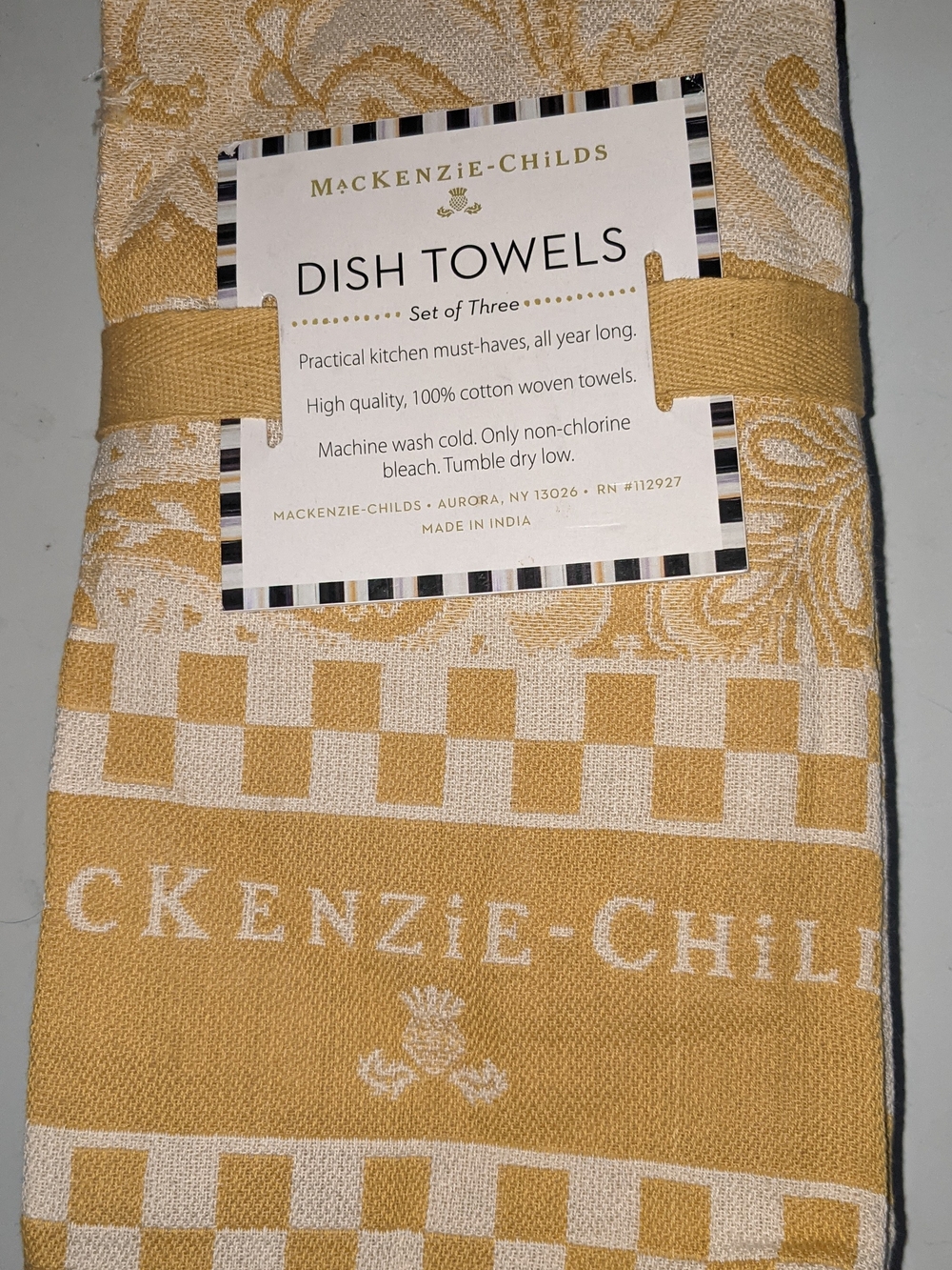 NWT MacKenzie-Childs Yellow Paisley & Checks Cotton Dish Towels - Set of 3